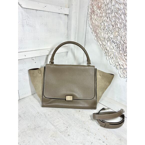 Celine Trapeze Souris Drummed Leather Top Handle Medium Flap Handbag Gray - Picture 4 of 16